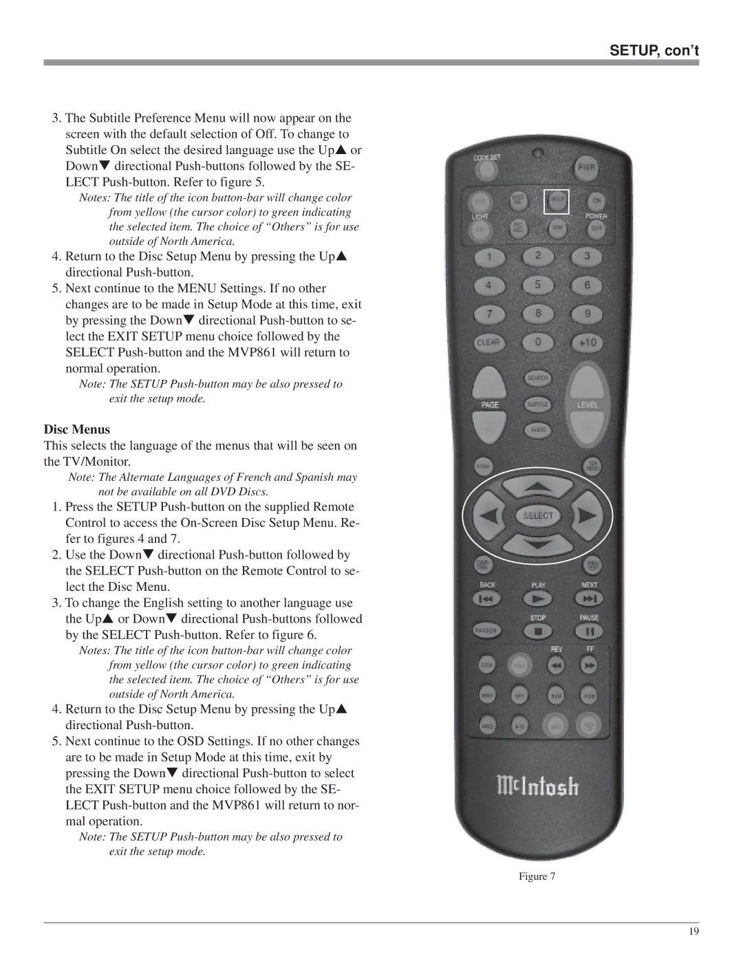 McIntosh MVP861 owner manual SETUP, con’t, Disc Menus 