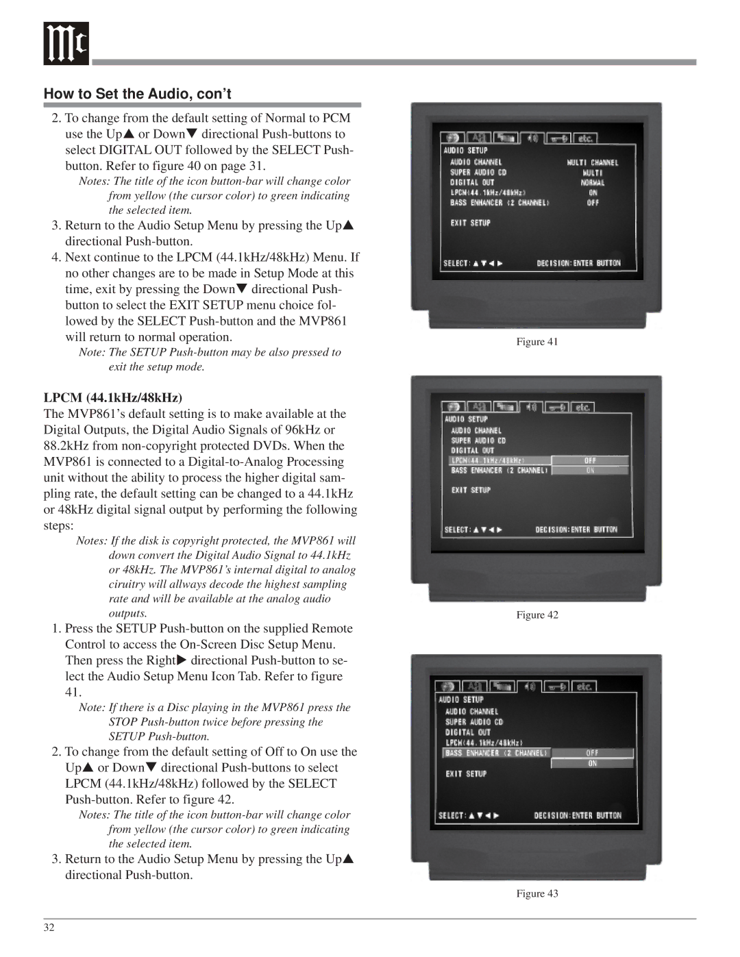 McIntosh MVP861 owner manual Lpcm 44.1kHz/48kHz 