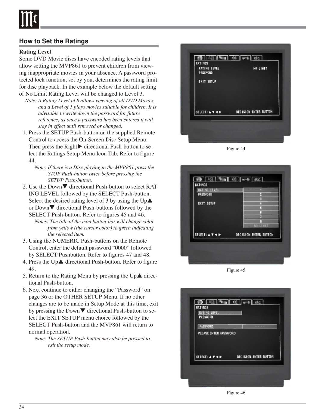 McIntosh MVP861 owner manual How to Set the Ratings, Rating Level 