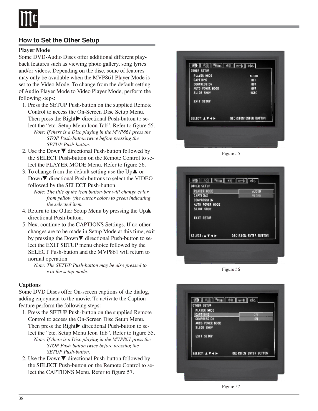 McIntosh MVP861 owner manual How to Set the Other Setup, Player Mode, Captions 