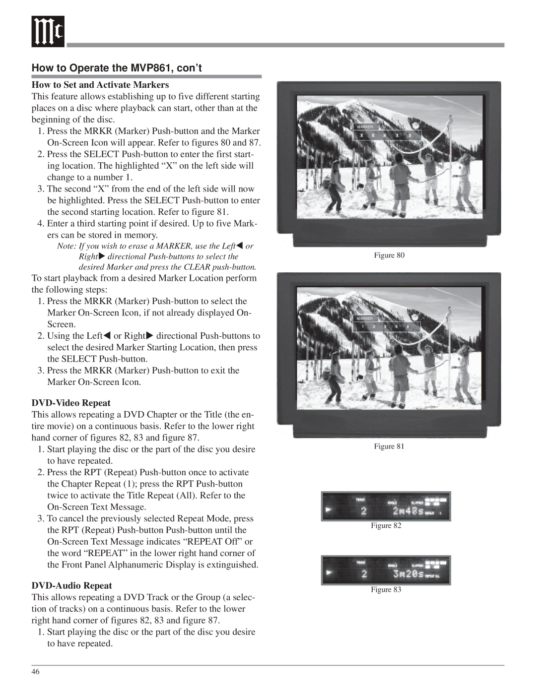 McIntosh MVP861 owner manual How to Set and Activate Markers, DVD-Video Repeat, DVD-Audio Repeat 