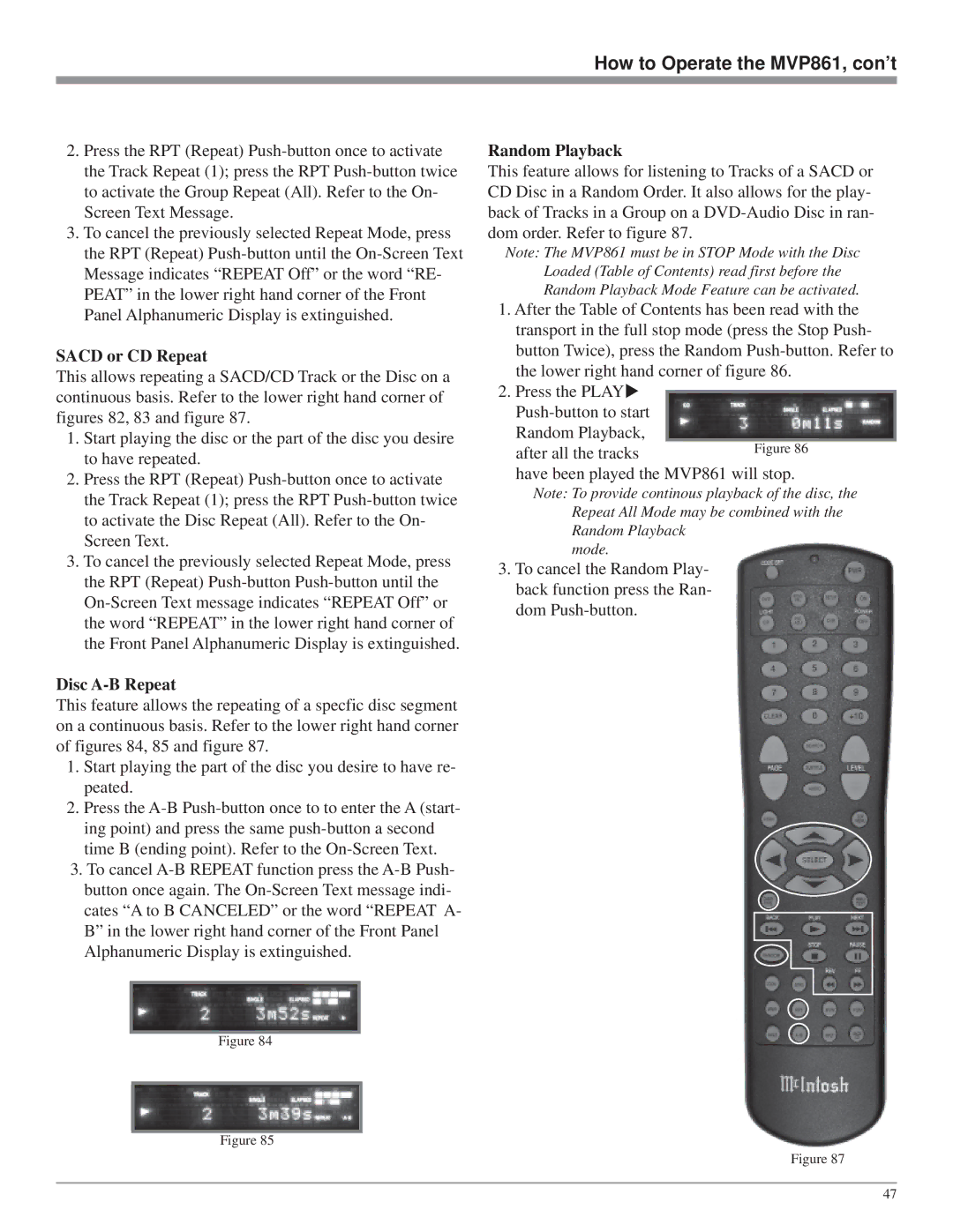 McIntosh MVP861 owner manual Sacd or CD Repeat, Disc A-B Repeat, Random Playback 