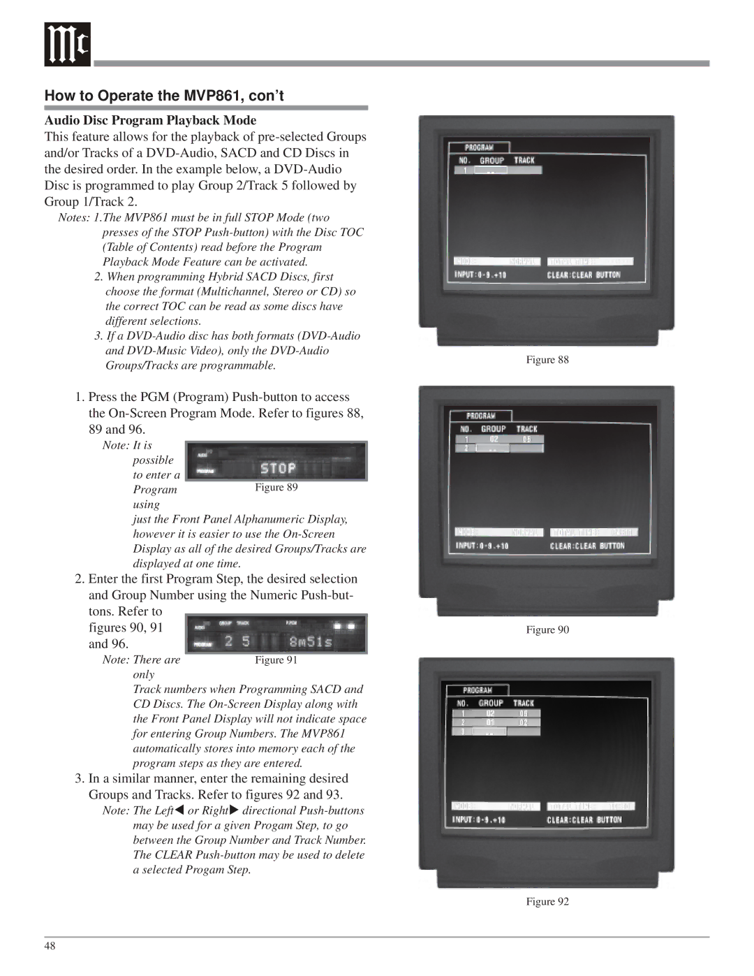 McIntosh MVP861 owner manual Audio Disc Program Playback Mode, Figures 90 