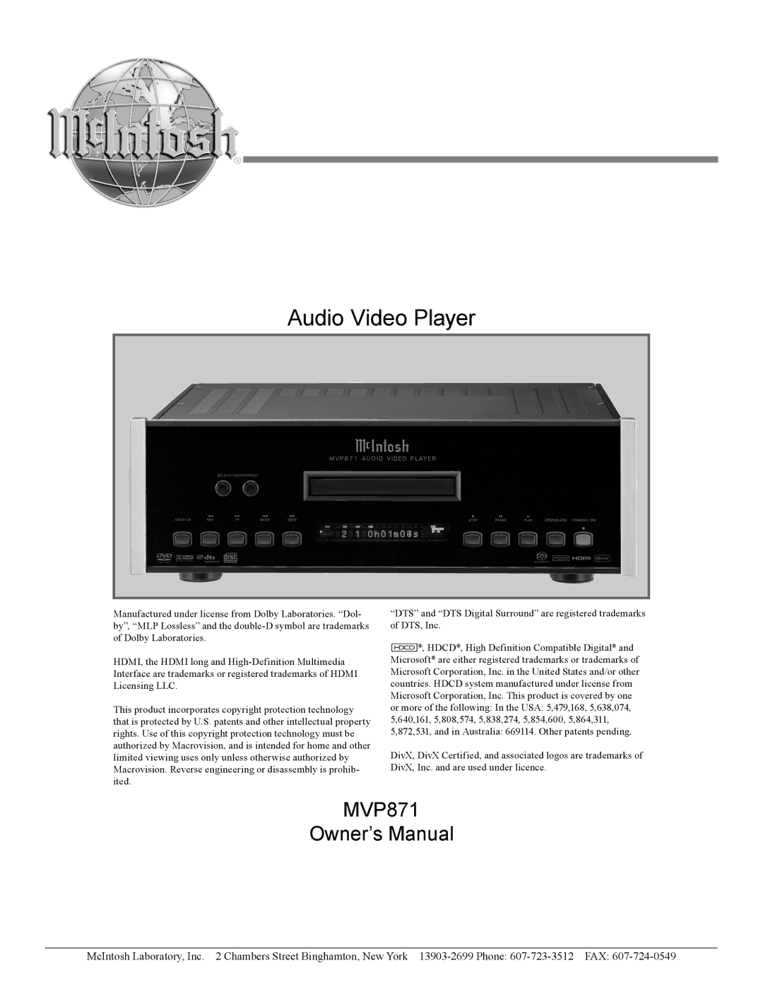 McIntosh MVP871 owner manual Audio Video Player 