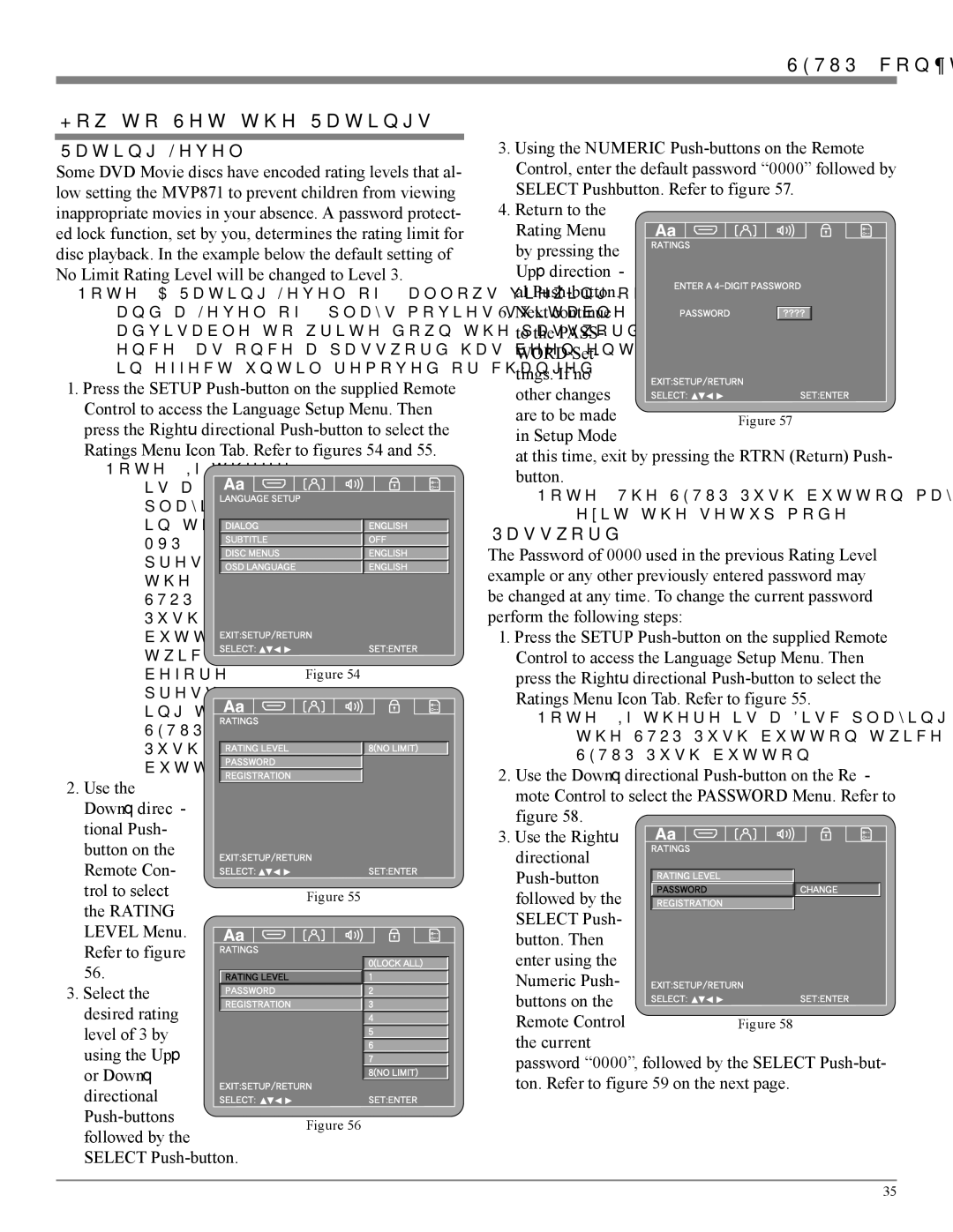 McIntosh MVP871 SETUP, con’t How to Set the Ratings, Rating Level, Ratings Menu Icon Tab. Refer to figures 54, Password 