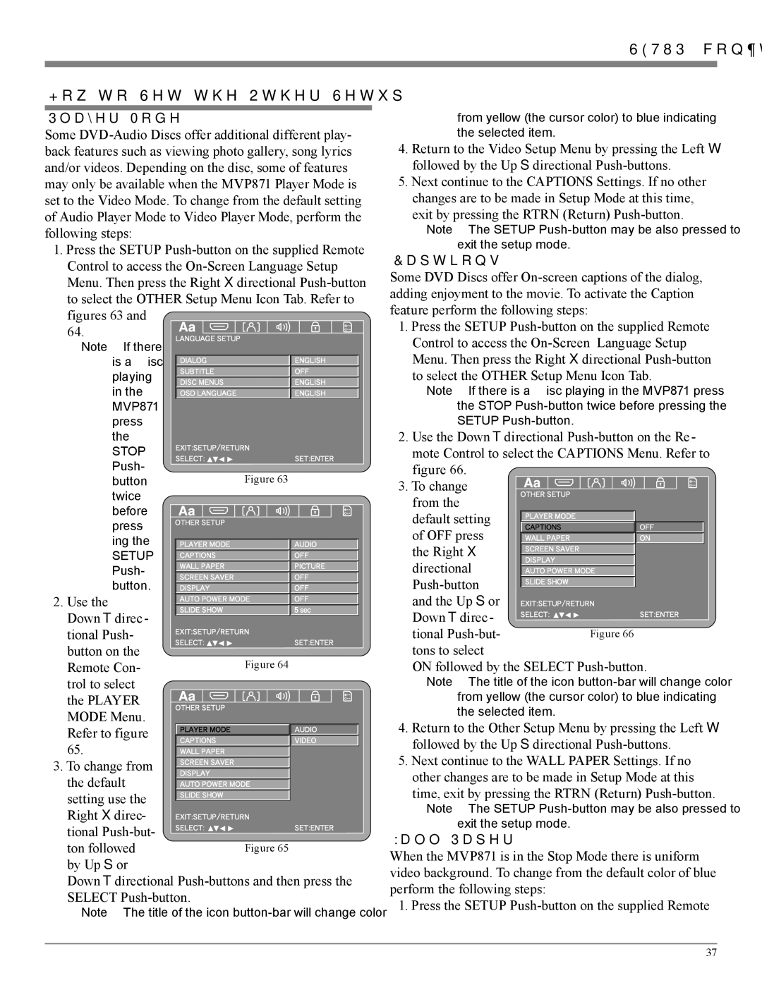 McIntosh MVP871 owner manual SETUP, con’t How to Set the Other Setup, Player Mode, Captions, Wall Paper 