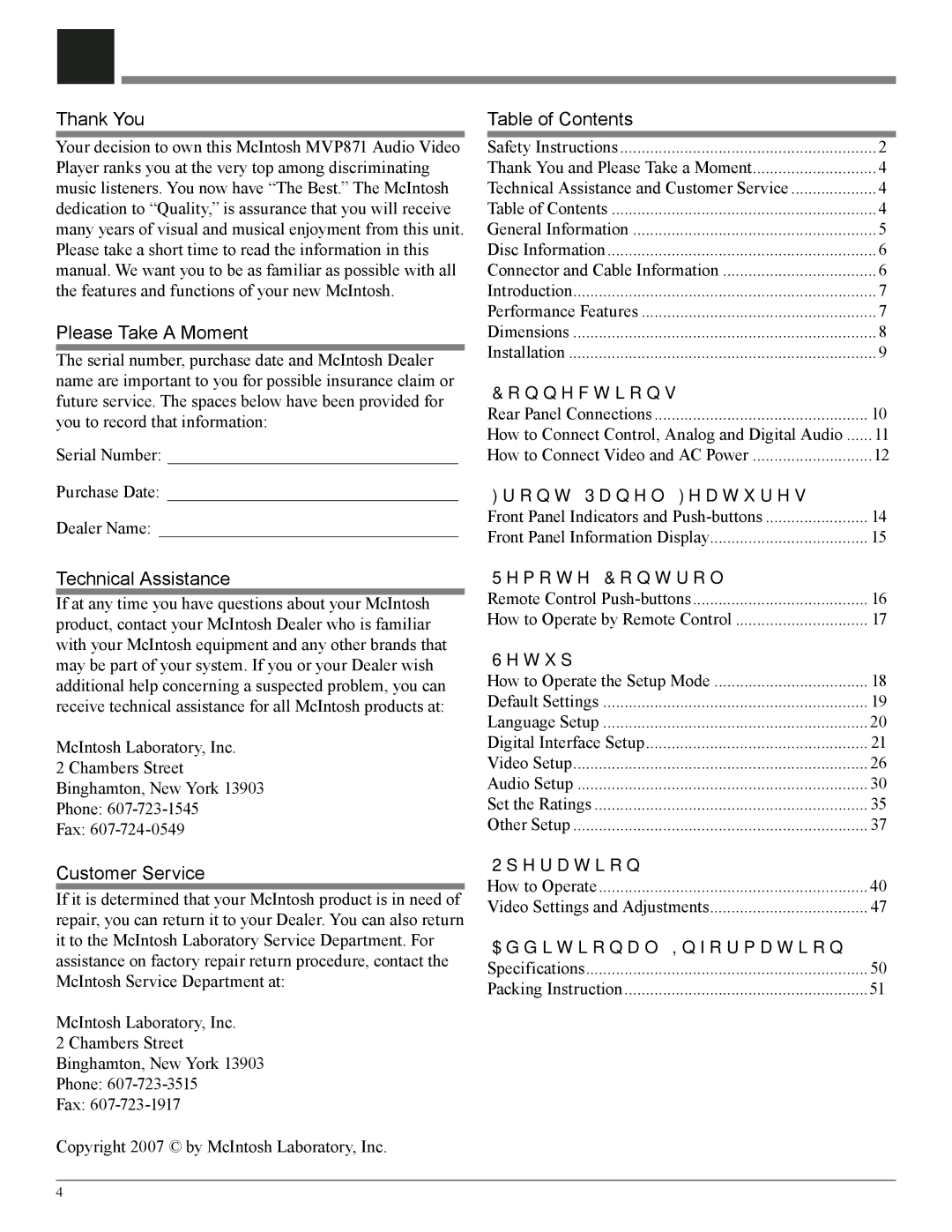 McIntosh MVP871 owner manual Thank You, Please Take a Moment, Technical Assistance, Customer Service, Table of Contents 