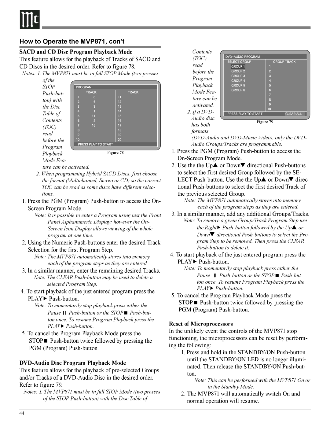 McIntosh MVP871 Sacd and CD Disc Program Playback Mode, DVD-Audio Disc Program Playback Mode, Reset of Microprocessors 