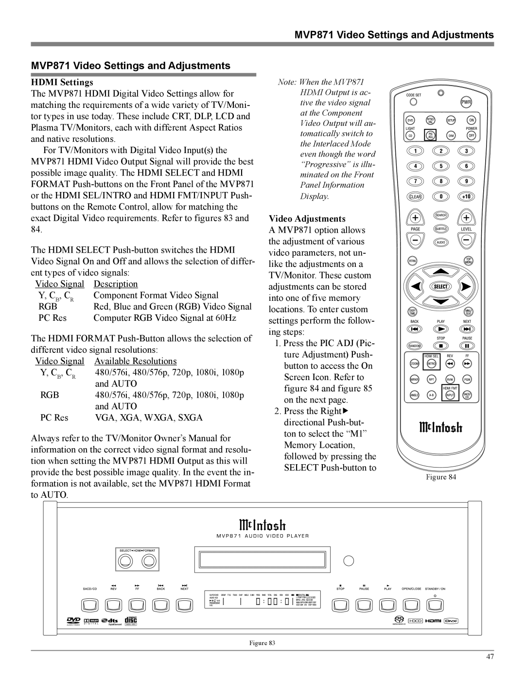 McIntosh owner manual MVP871 Video Settings and Adjustments, Hdmi Settings, Rgb, VGA, XGA, WXGA, Sxga, Video Adjustments 