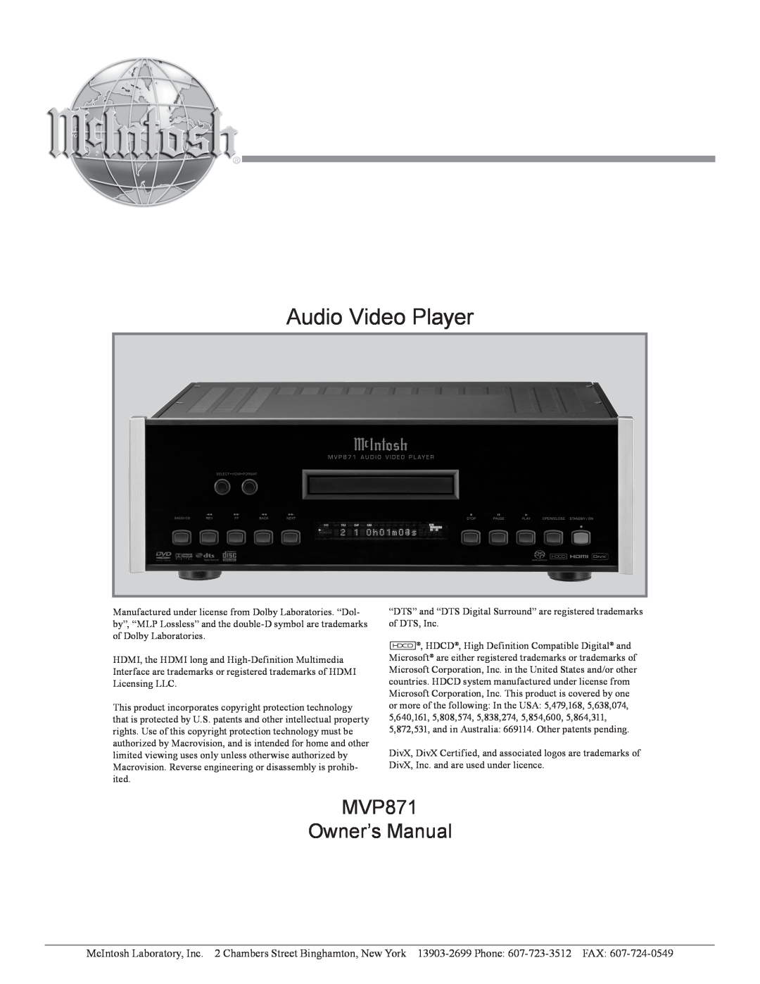 McIntosh owner manual Audio Video Player, MVP871 Owner’s Manual 