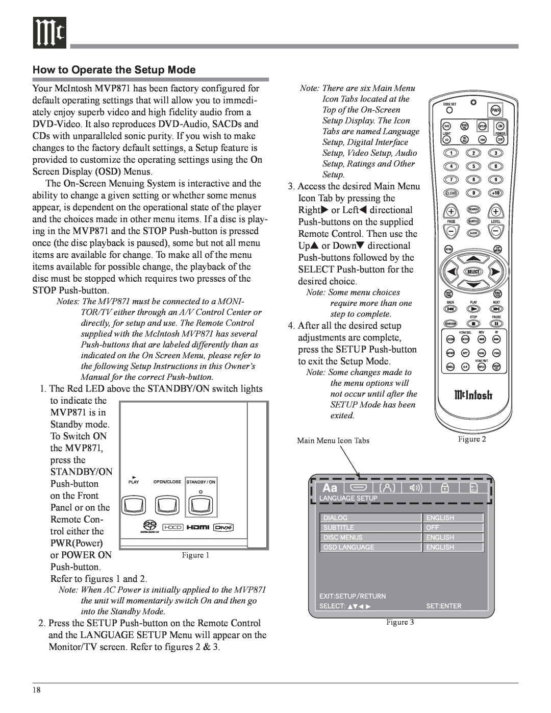 McIntosh MVP871 owner manual How to Operate the Setup Mode 