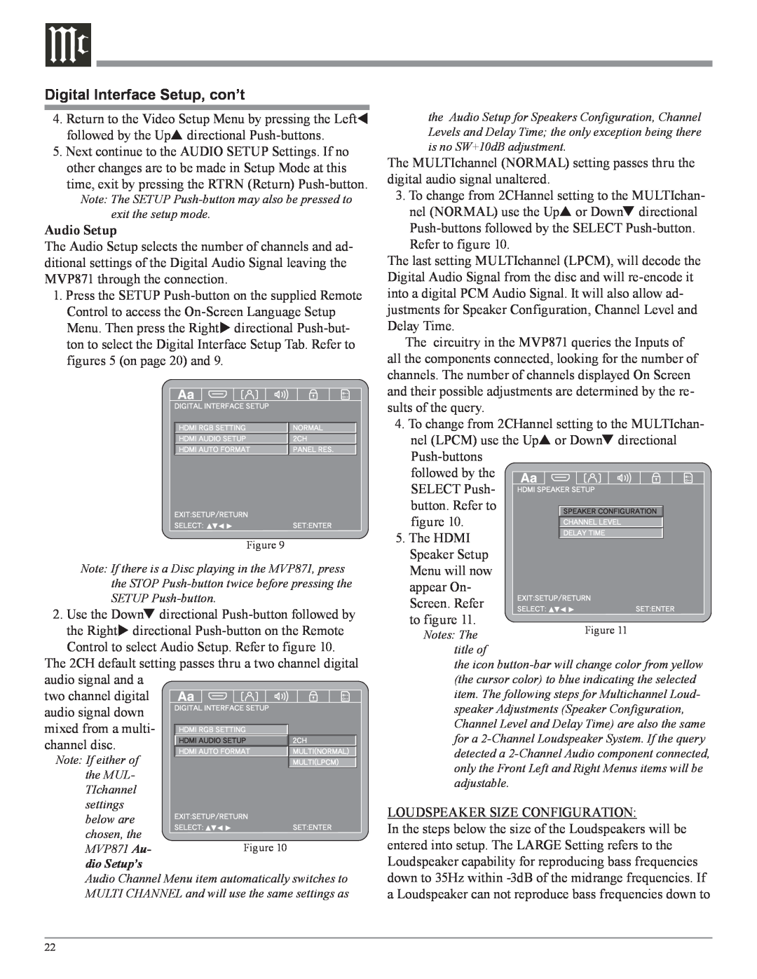 McIntosh MVP871 owner manual Digital Interface Setup, con’t, Audio Setup 