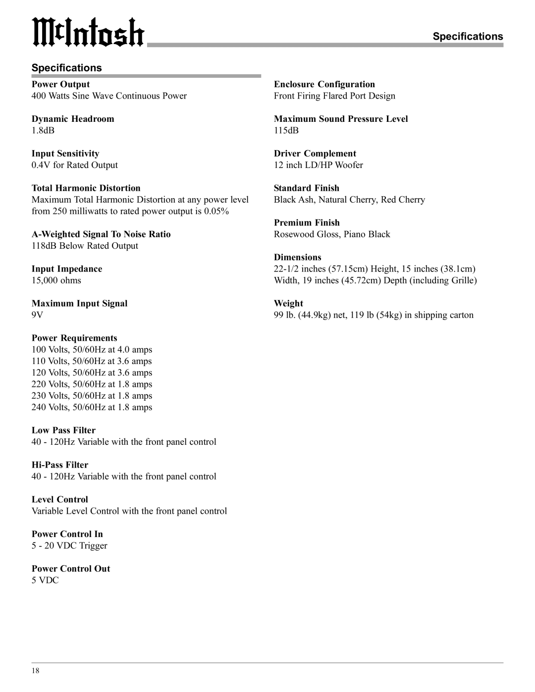 McIntosh PS112 manual Specifications 