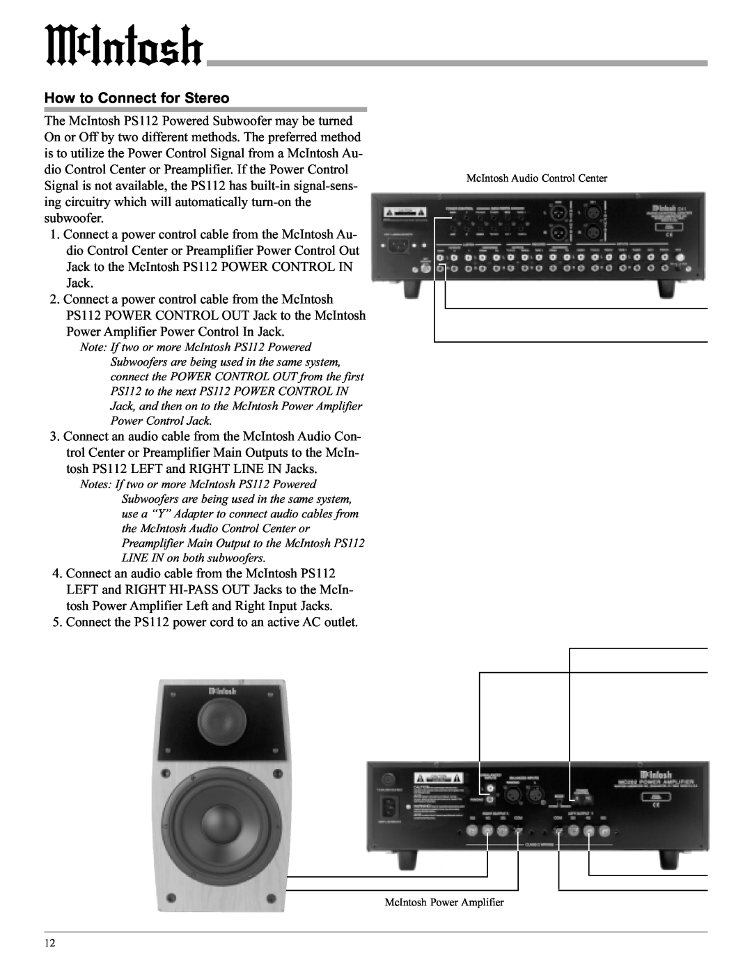 McIntosh PS112 manual How to Connect for Stereo, McIntosh Audio Control Center, McIntosh Power Amplifier 