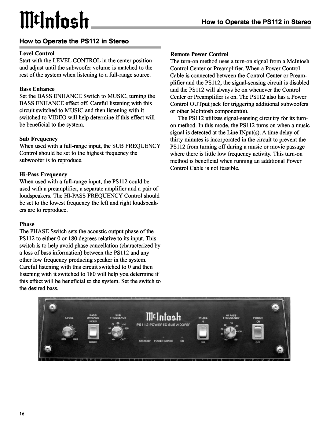 McIntosh manual How to Operate the PS112 in Stereo 