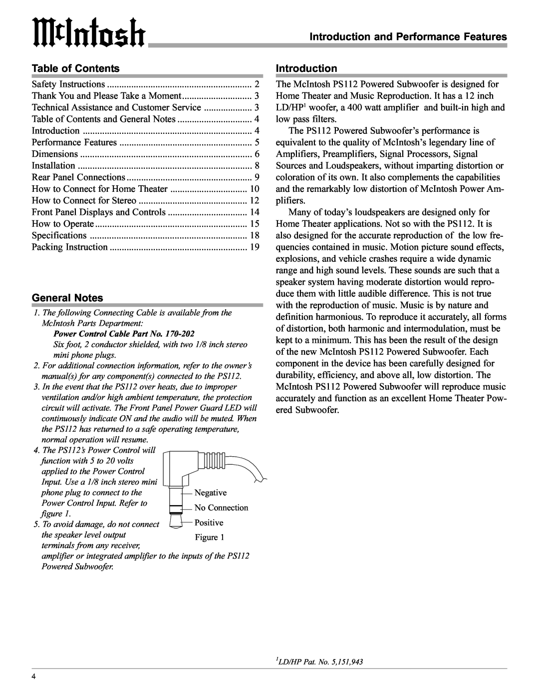 McIntosh PS112 manual Introduction and Performance Features, Table of Contents, General Notes 