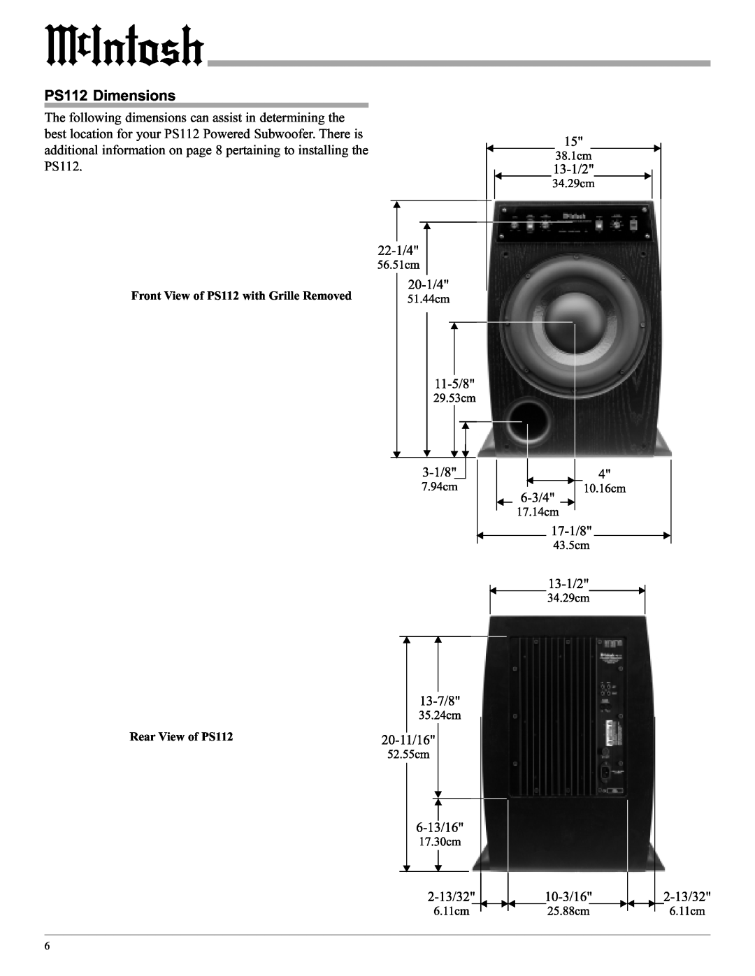 McIntosh manual PS112 Dimensions, Front View of PS112 with Grille Removed, Rear View of PS112 