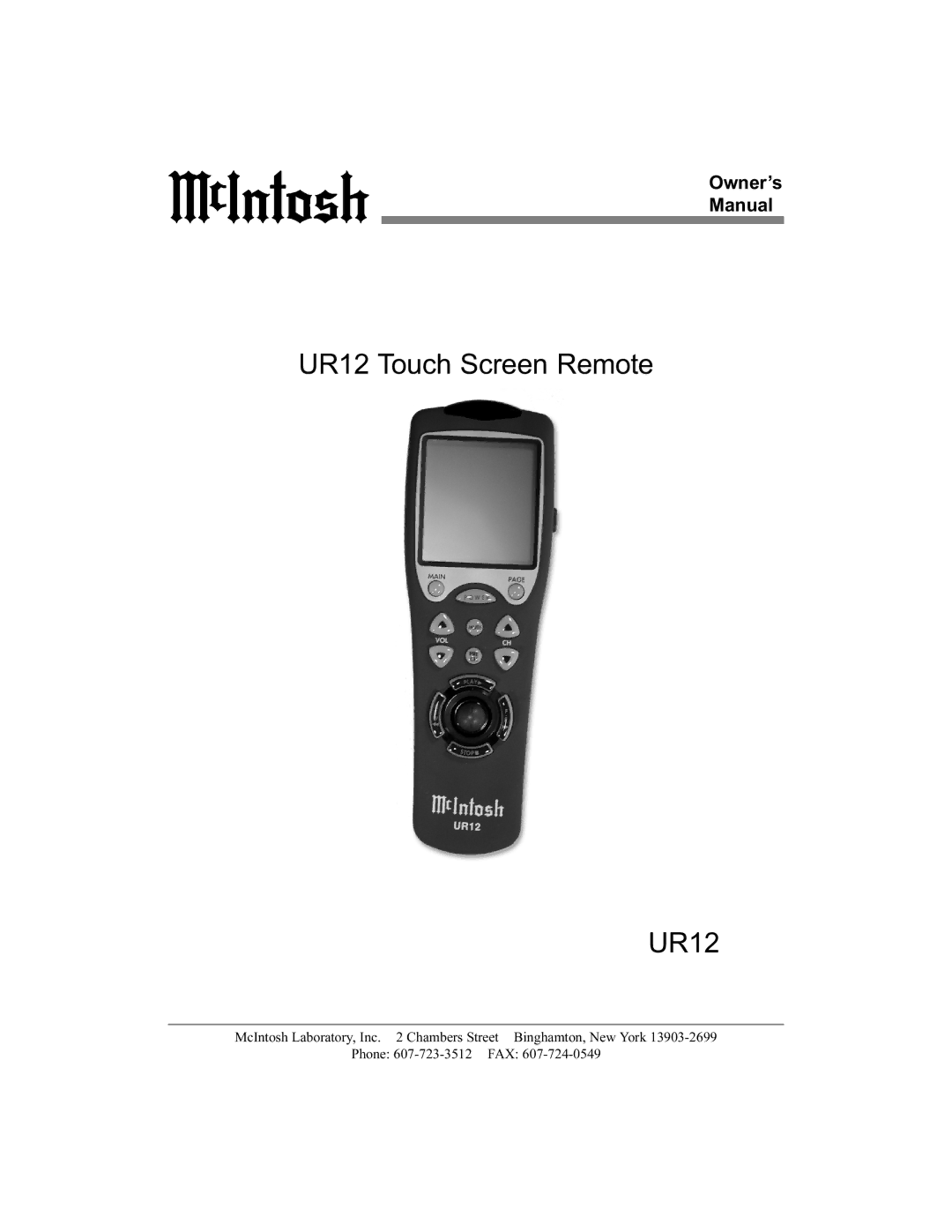 McIntosh manual UR12 Touch Screen Remote, Owner’s Manual 