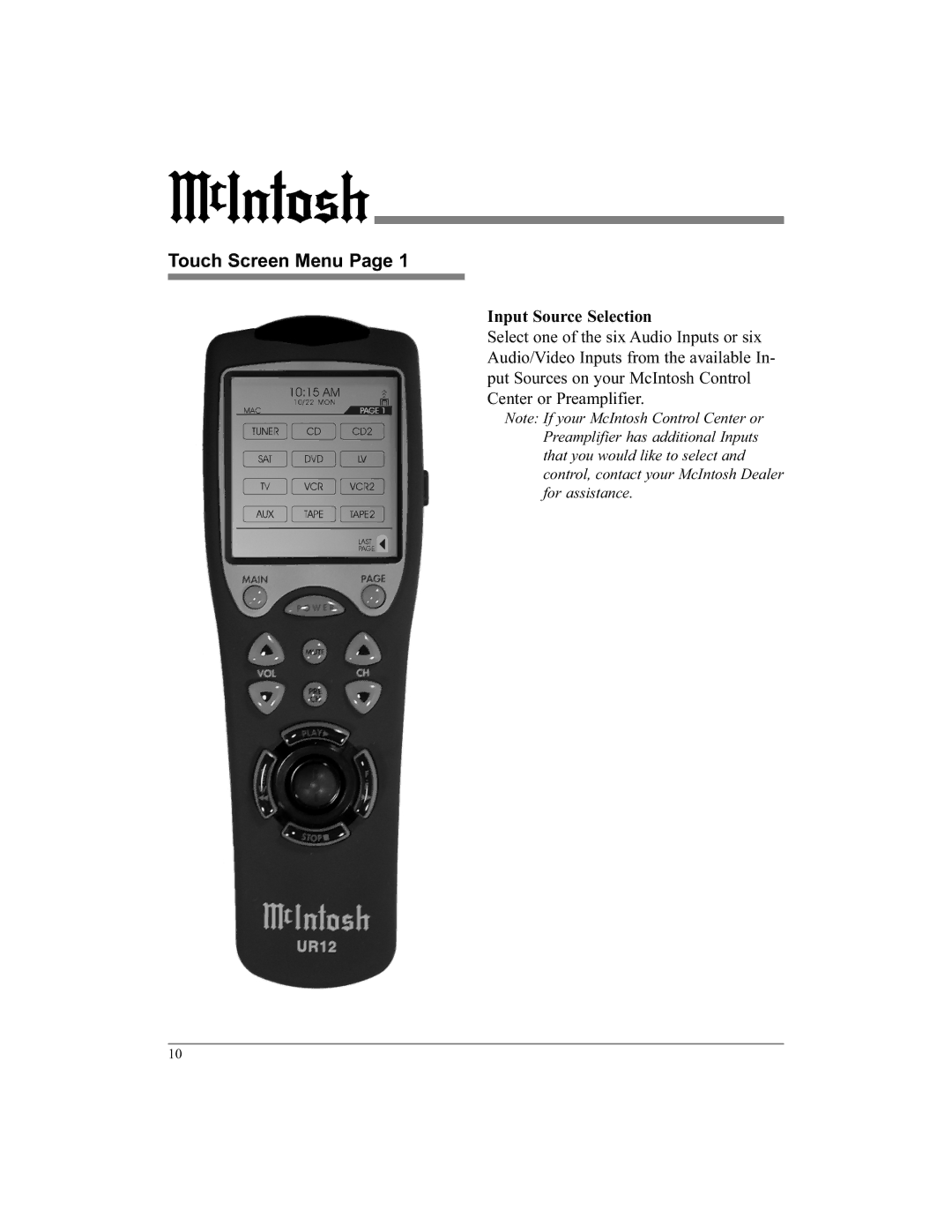 McIntosh UR12 manual Touch Screen Menu, Input Source Selection 