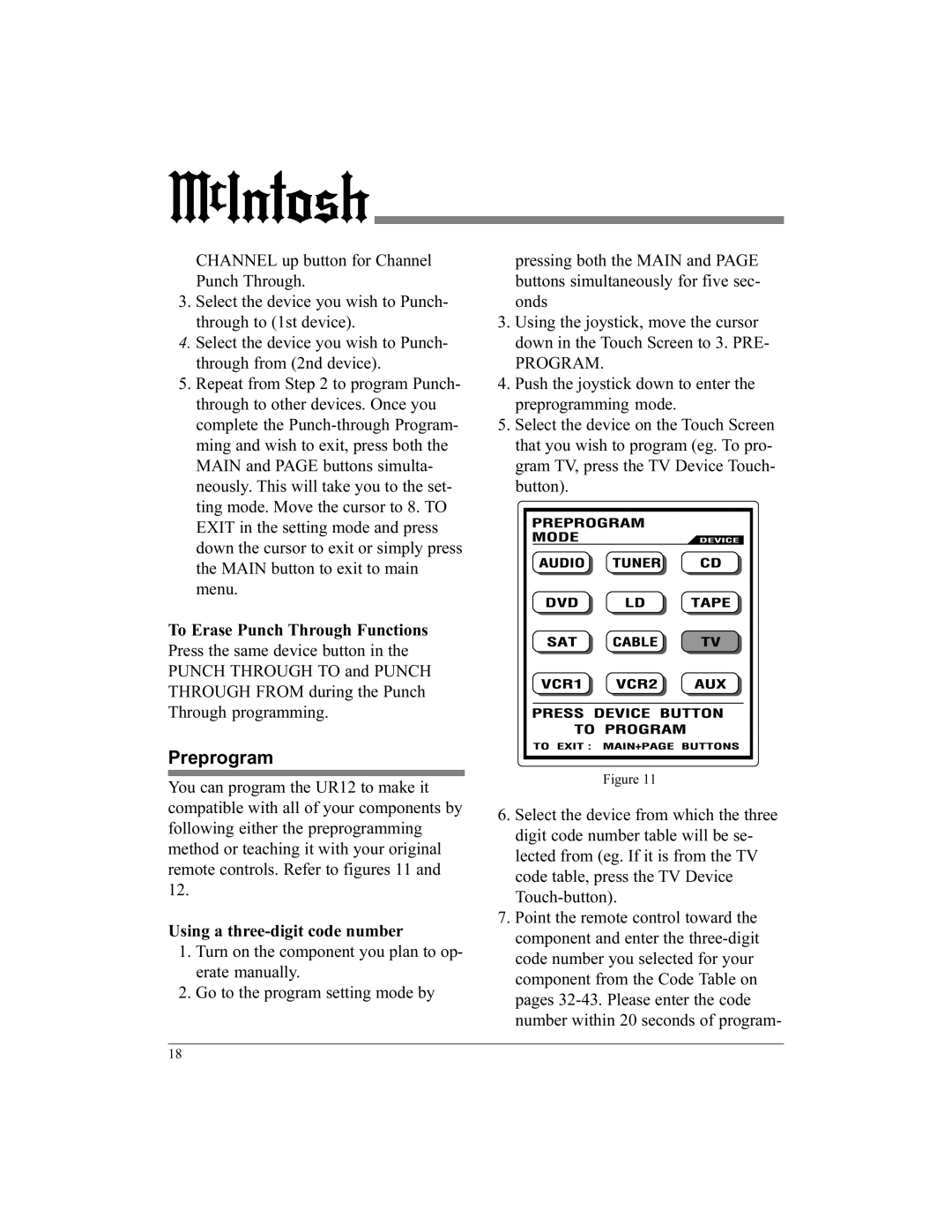 McIntosh UR12 manual Preprogram, Using a three-digit code number 