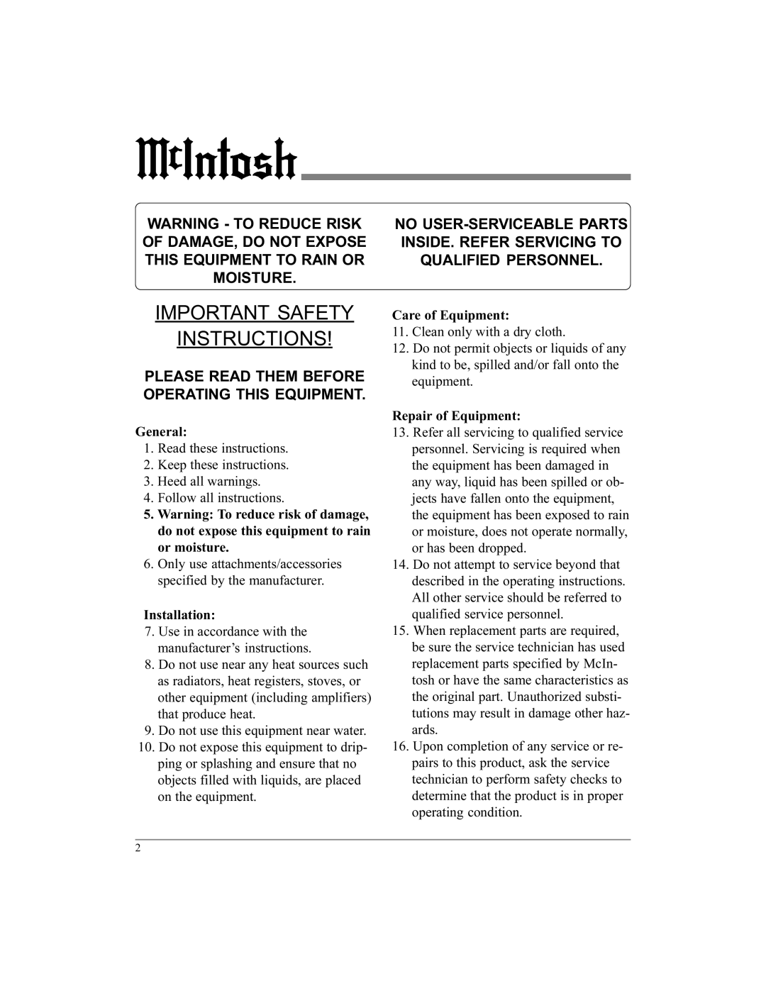 McIntosh UR12 manual General, Installation, Care of Equipment, Repair of Equipment 