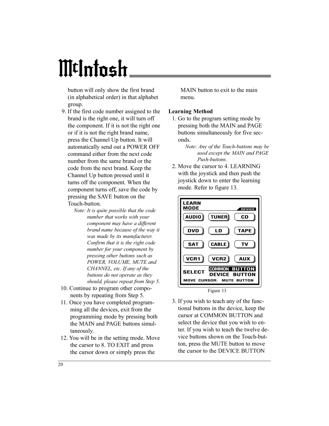 McIntosh UR12 manual Main button to exit to the main menu, Learning Method 