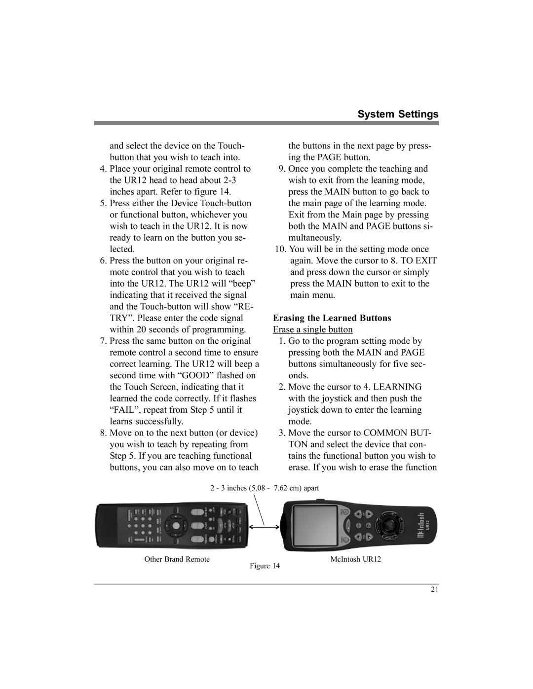 McIntosh UR12 manual Buttons in the next page by press- ing the page button, Erasing the Learned Buttons 