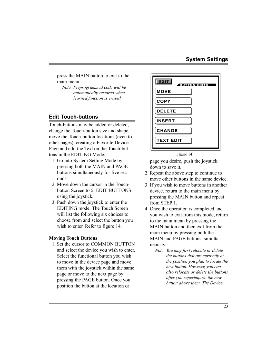 McIntosh UR12 manual Edit Touch-buttons, Press the Main button to exit to the main menu, Moving Touch Buttons 