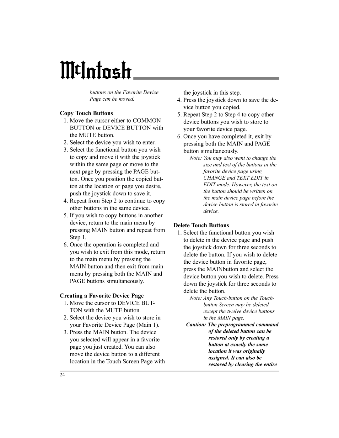 McIntosh UR12 manual Copy Touch Buttons, Creating a Favorite Device, Delete Touch Buttons 