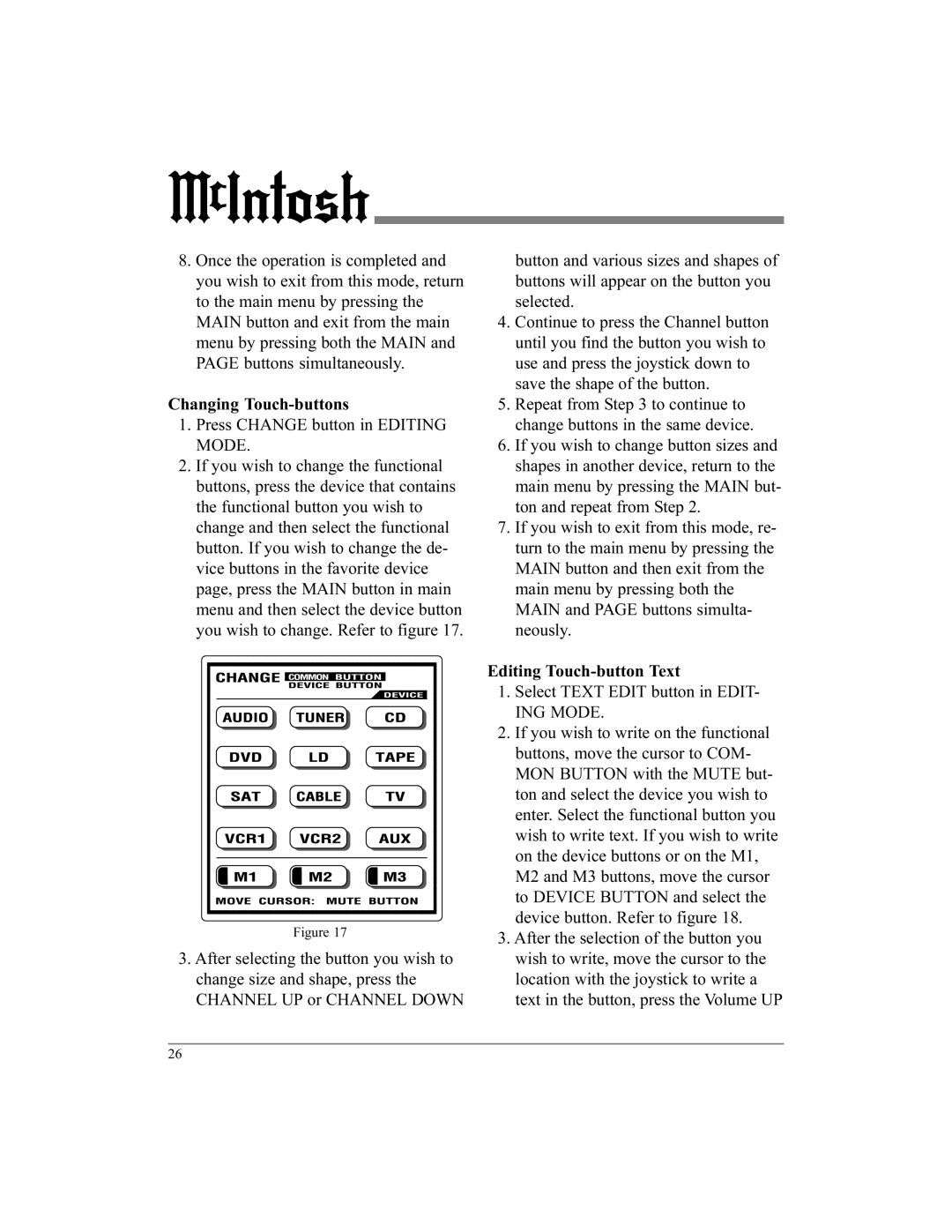 McIntosh UR12 manual Changing Touch-buttons, Press Change button in Editing Mode, Editing Touch-button Text 