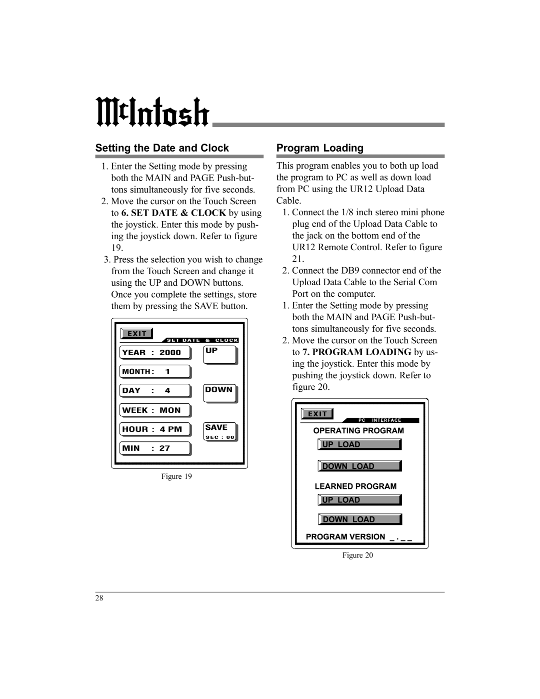 McIntosh UR12 manual Setting the Date and Clock, Program Loading, Port on the computer 