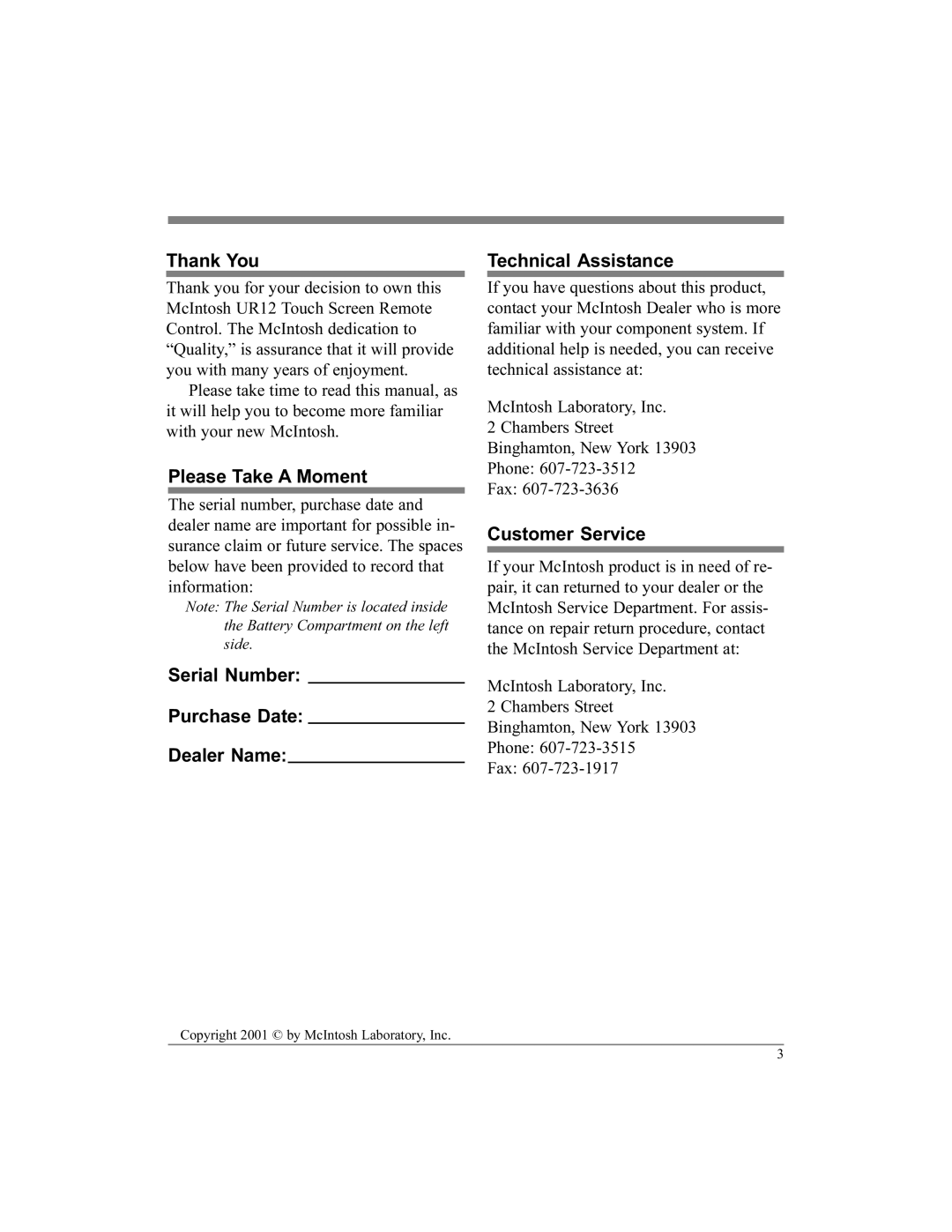 McIntosh UR12 manual Thank You, Please Take a Moment, Serial Number Purchase Date Dealer Name, Technical Assistance 