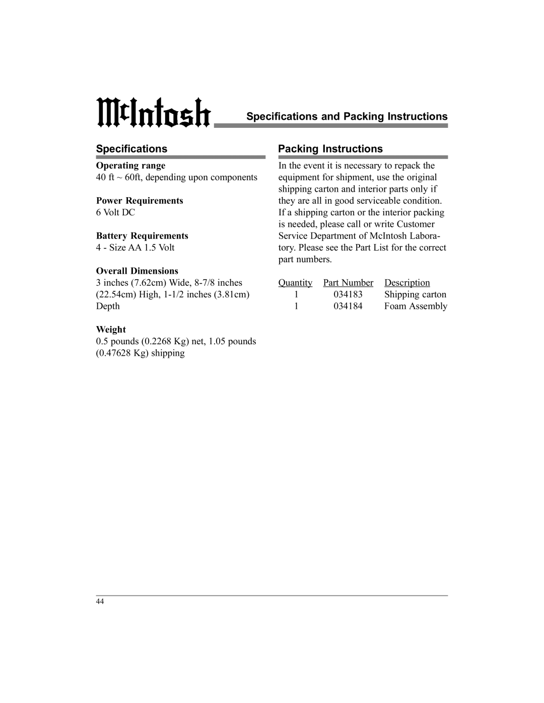 McIntosh UR12 manual Specifications and Packing Instructions 