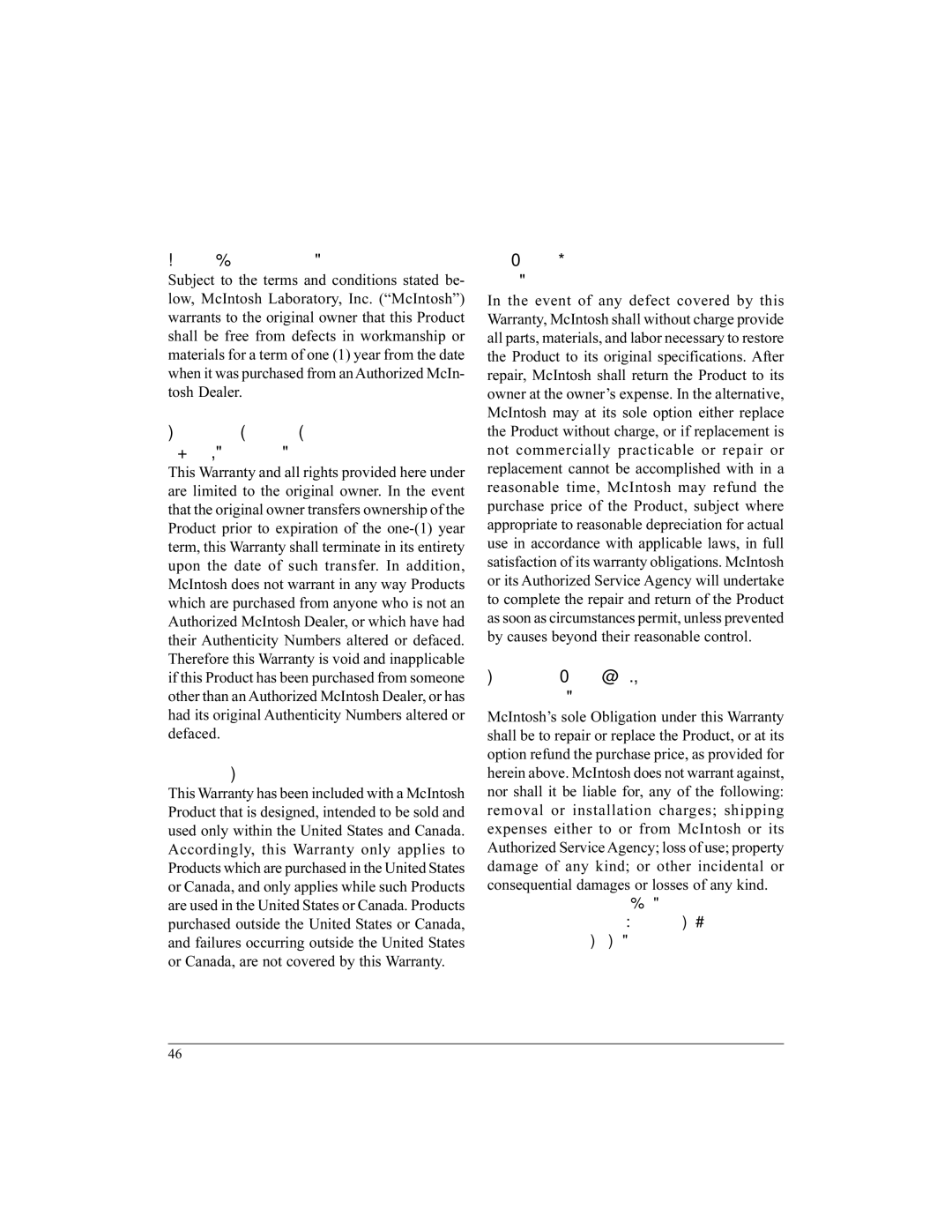 McIntosh UR12 manual Scope and Duration of Warranty, Geographical Limitations, What McIntosh will do under the Warranty 