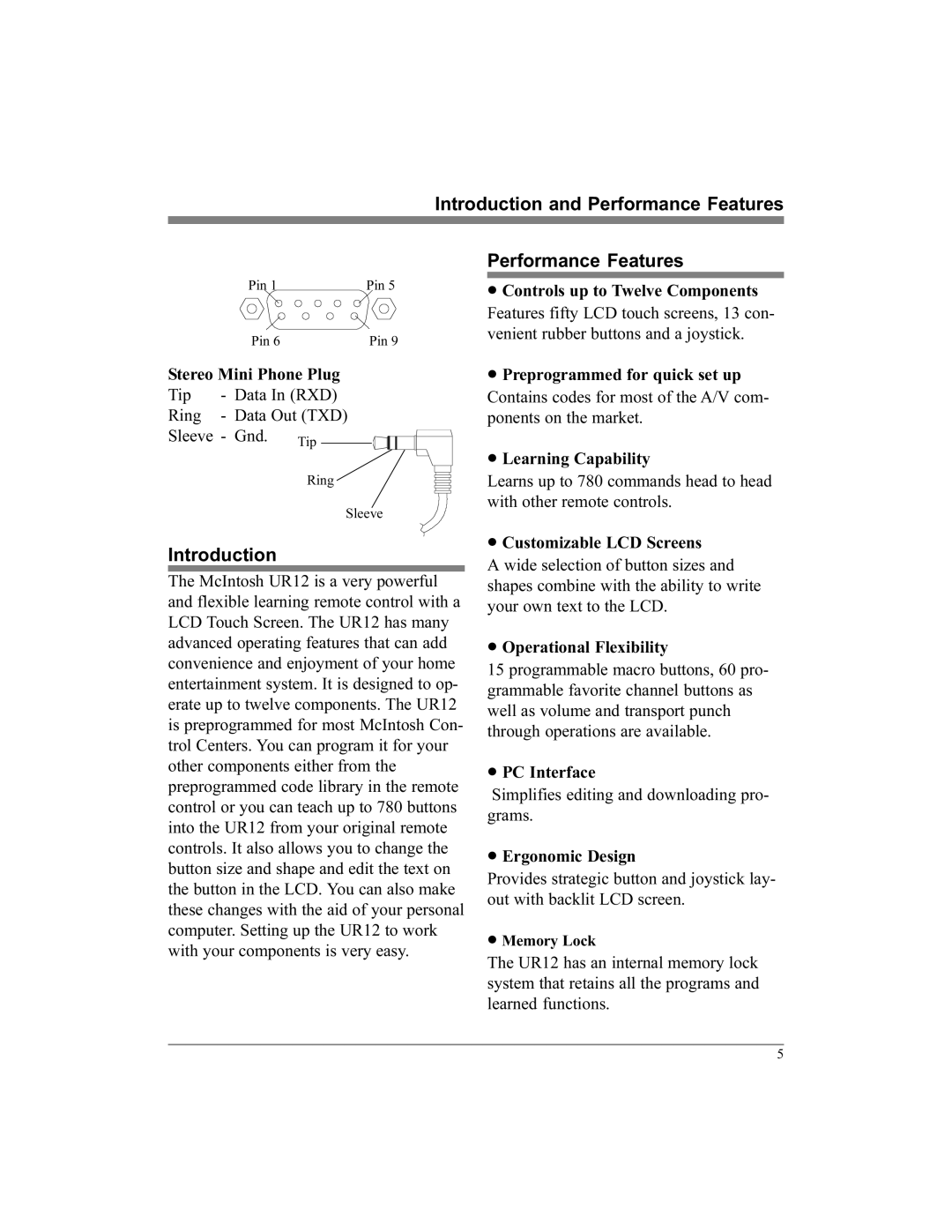 McIntosh UR12 manual Introduction and Performance Features 