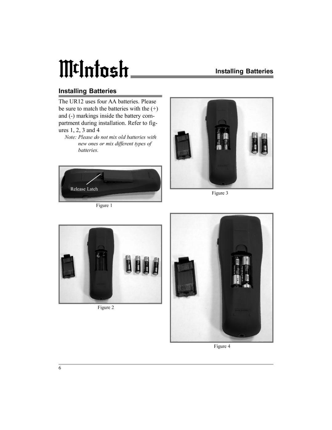 McIntosh UR12 manual Installing Batteries 