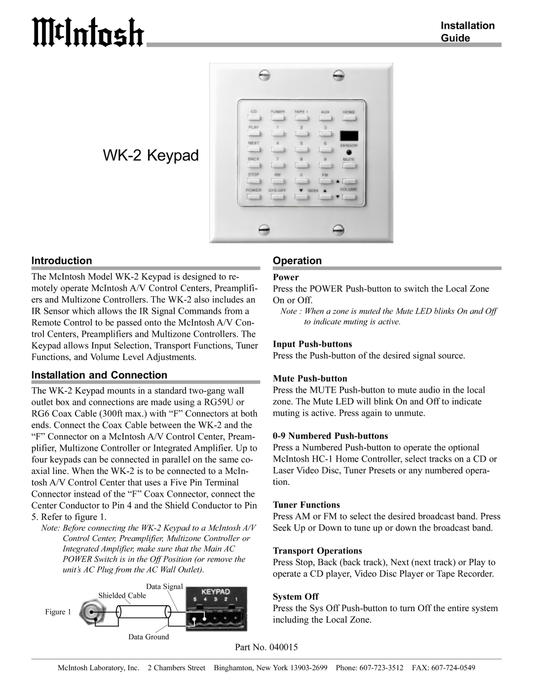 McIntosh manual WK-2 Keypad, Installation Guide, Introduction, Installation and Connection, Operation 