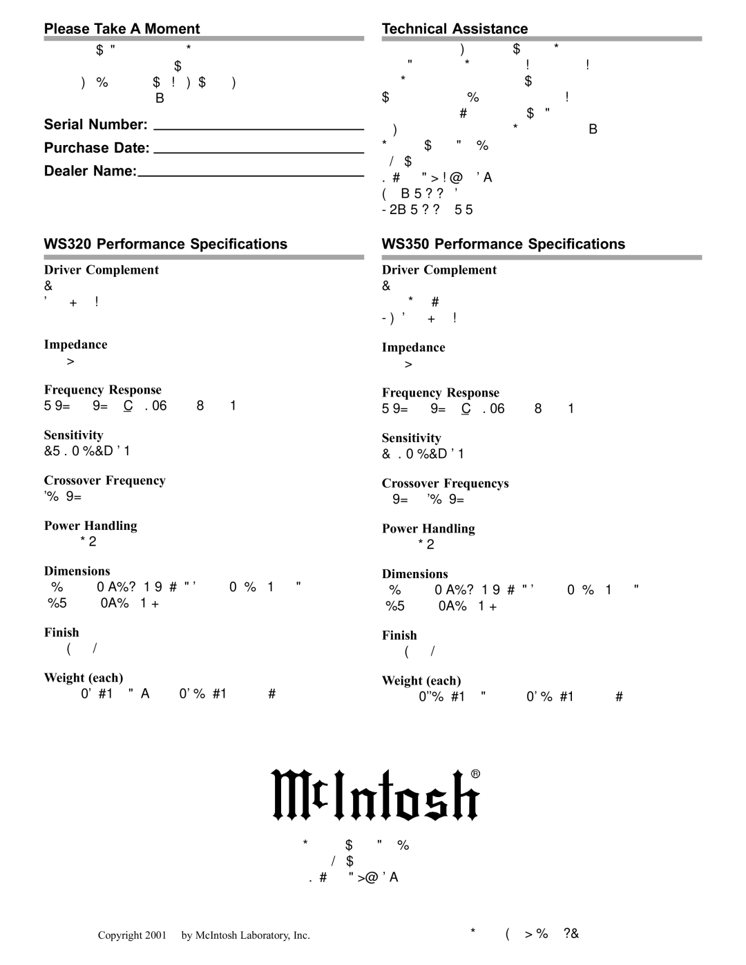 McIntosh manual Please Take a Moment, WS320 Performance Specifications, WS350 Performance Specifications 