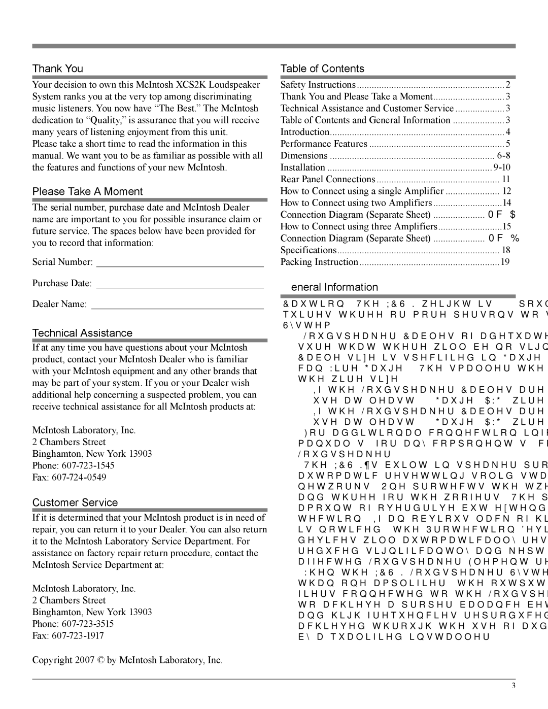 McIntosh XCS2K owner manual Thank You, Please Take a Moment, Technical Assistance, Customer Service, Table of Contents 