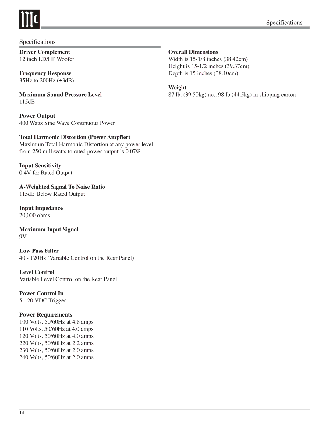 McIntosh XLS112 owner manual Specifications 