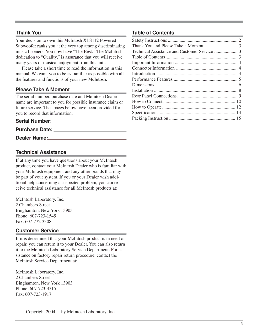 McIntosh XLS112 owner manual Thank You, Please Take a Moment, Customer Service, Table of Contents 