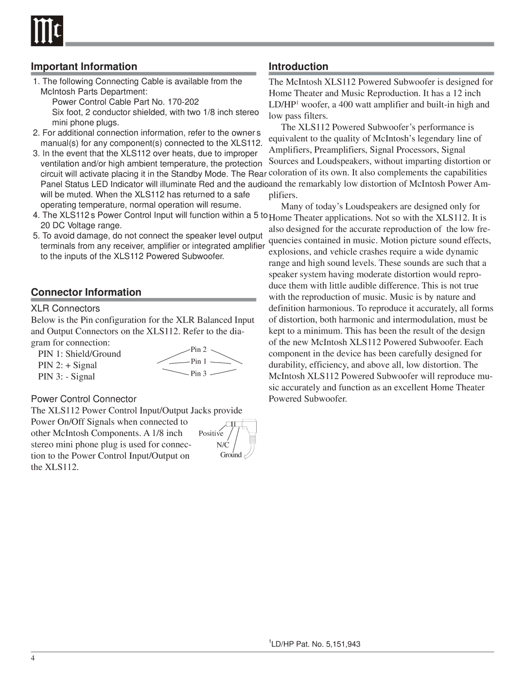 McIntosh XLS112 Important Information, Connector Information, Introduction, XLR Connectors, Power Control Connector 