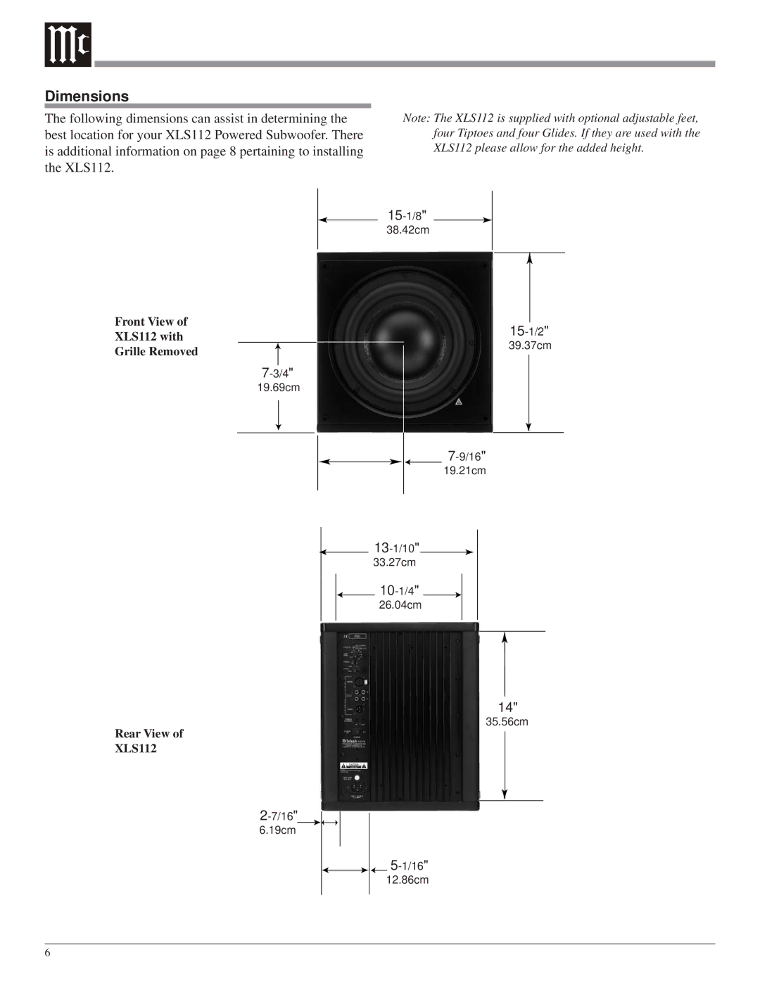 McIntosh XLS112 owner manual Dimensions 