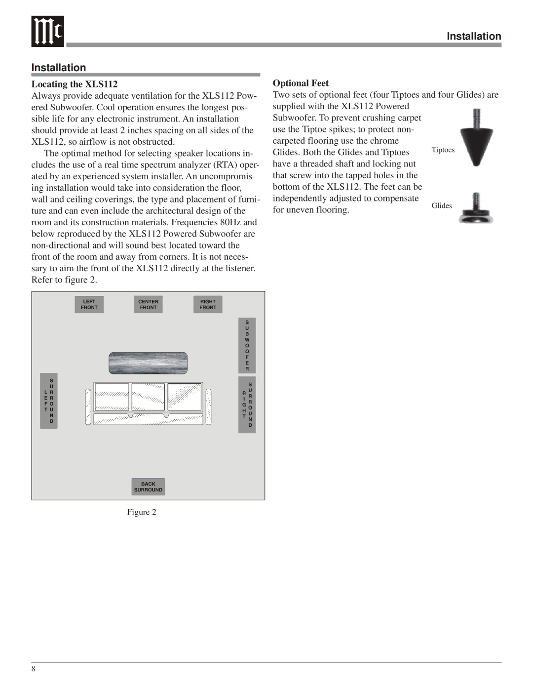 McIntosh owner manual Installation, Locating the XLS112, Optional Feet 