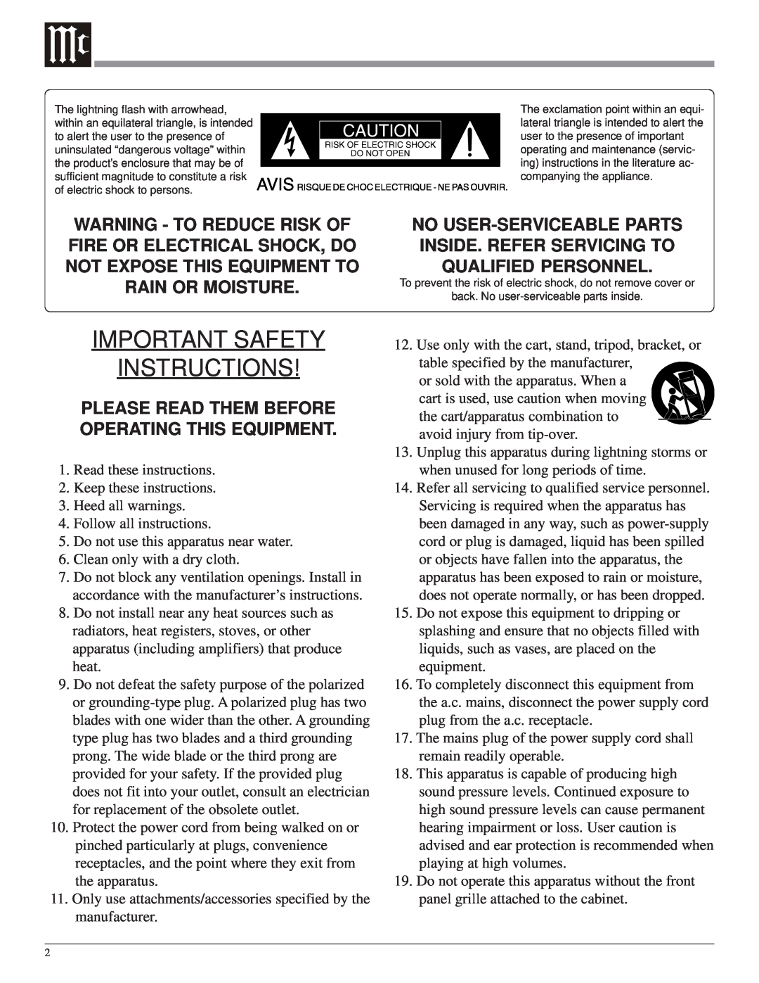 McIntosh XLS112 owner manual Important Safety Instructions, Please Read Them Before Operating This Equipment 