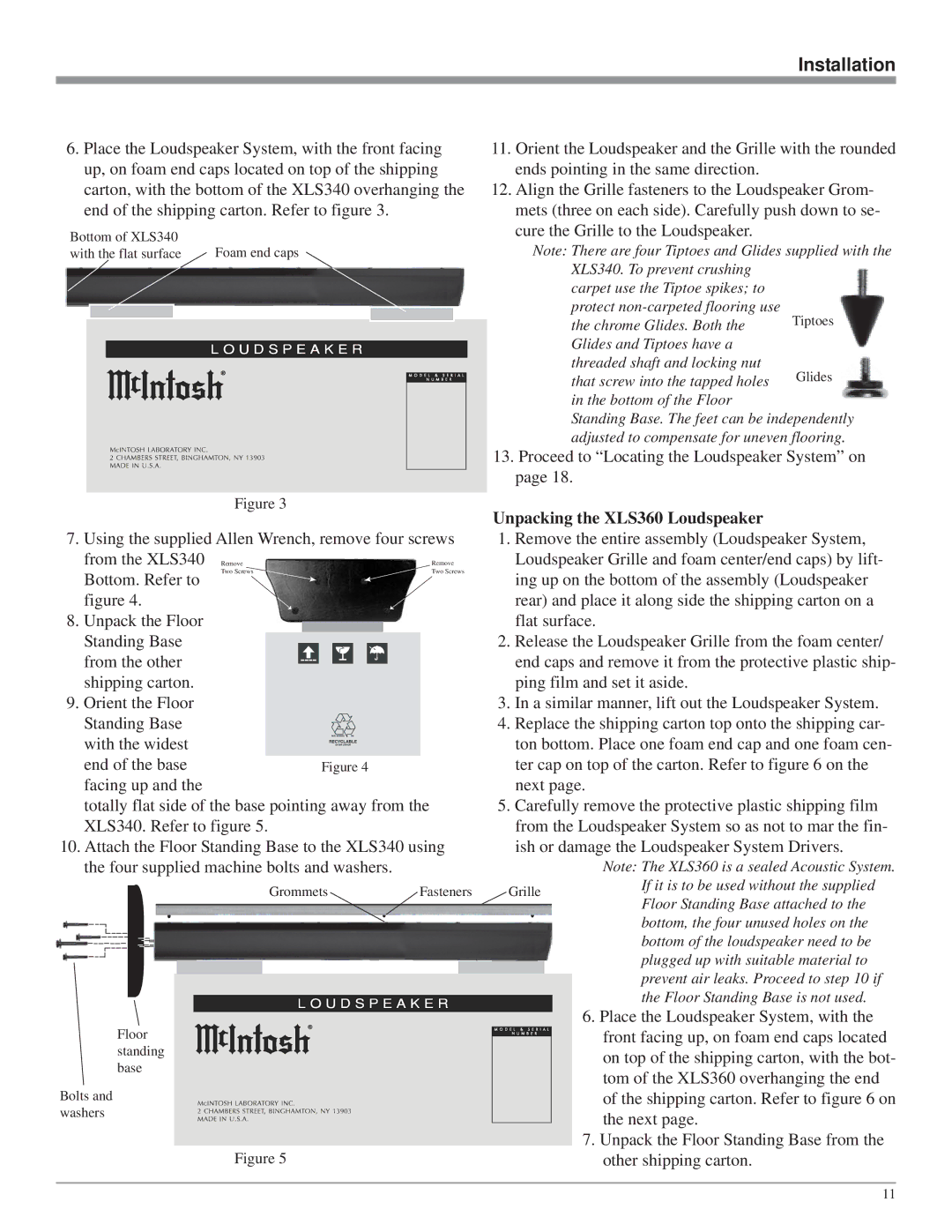 McIntosh XCS350, XLS320, XLS340 owner manual Unpacking the XLS360 Loudspeaker 