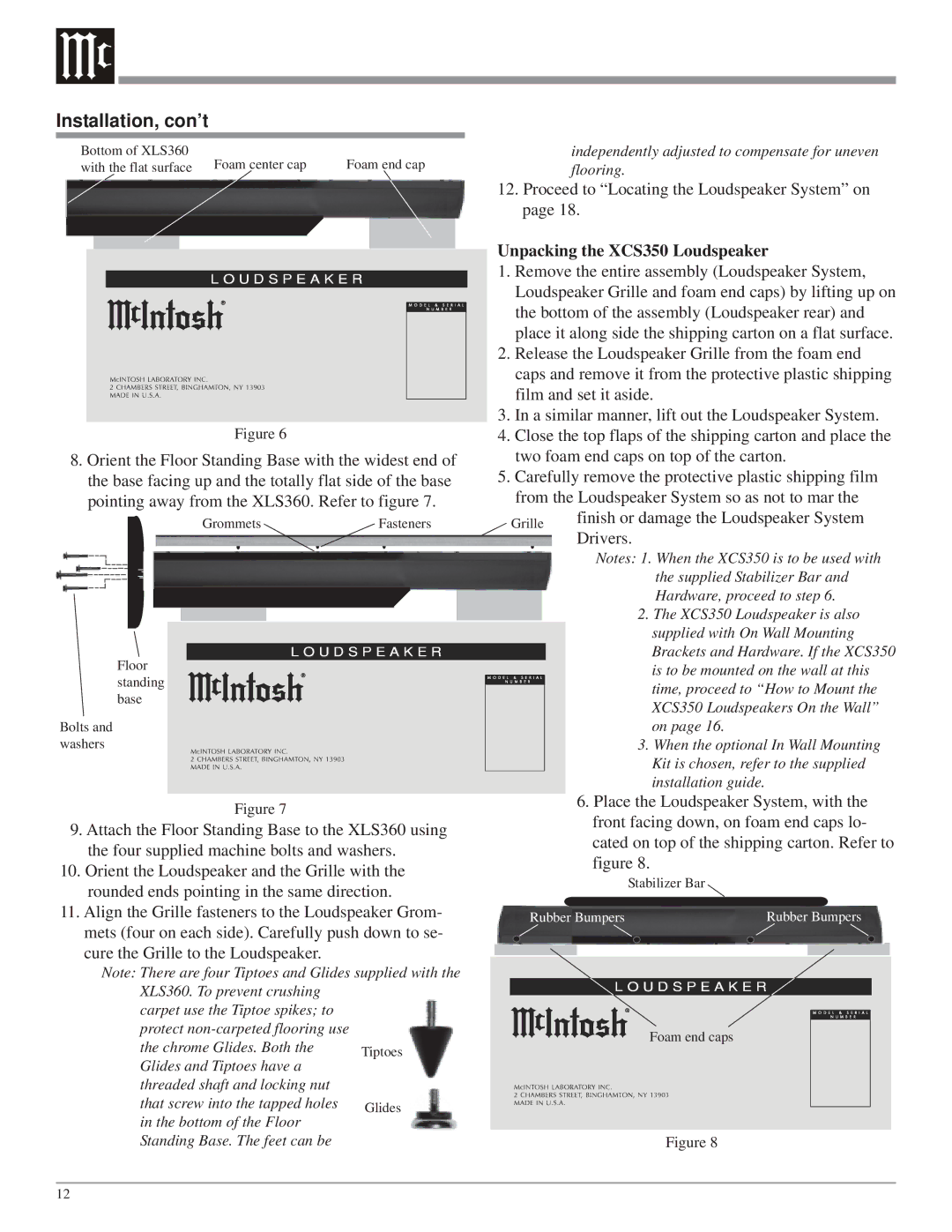 McIntosh XLS320, XLS360, XLS340 owner manual Installation, con’t, Unpacking the XCS350 Loudspeaker 