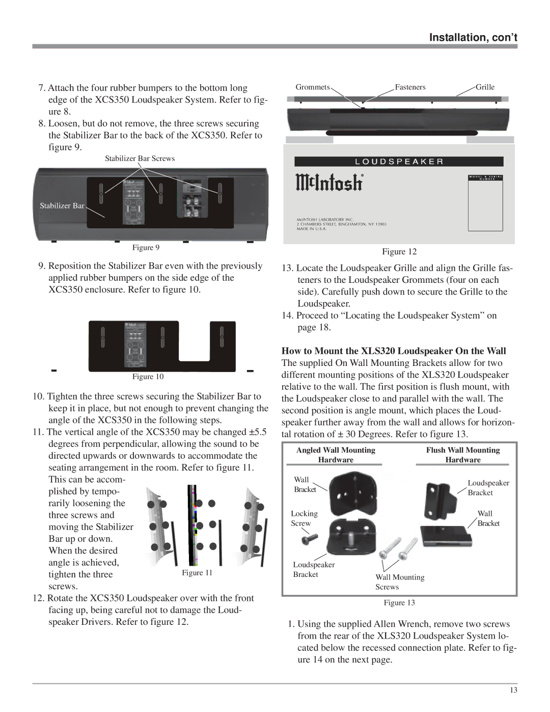 McIntosh XLS360, XLS320, XLS340, XCS350 owner manual Flush Wall Mounting 