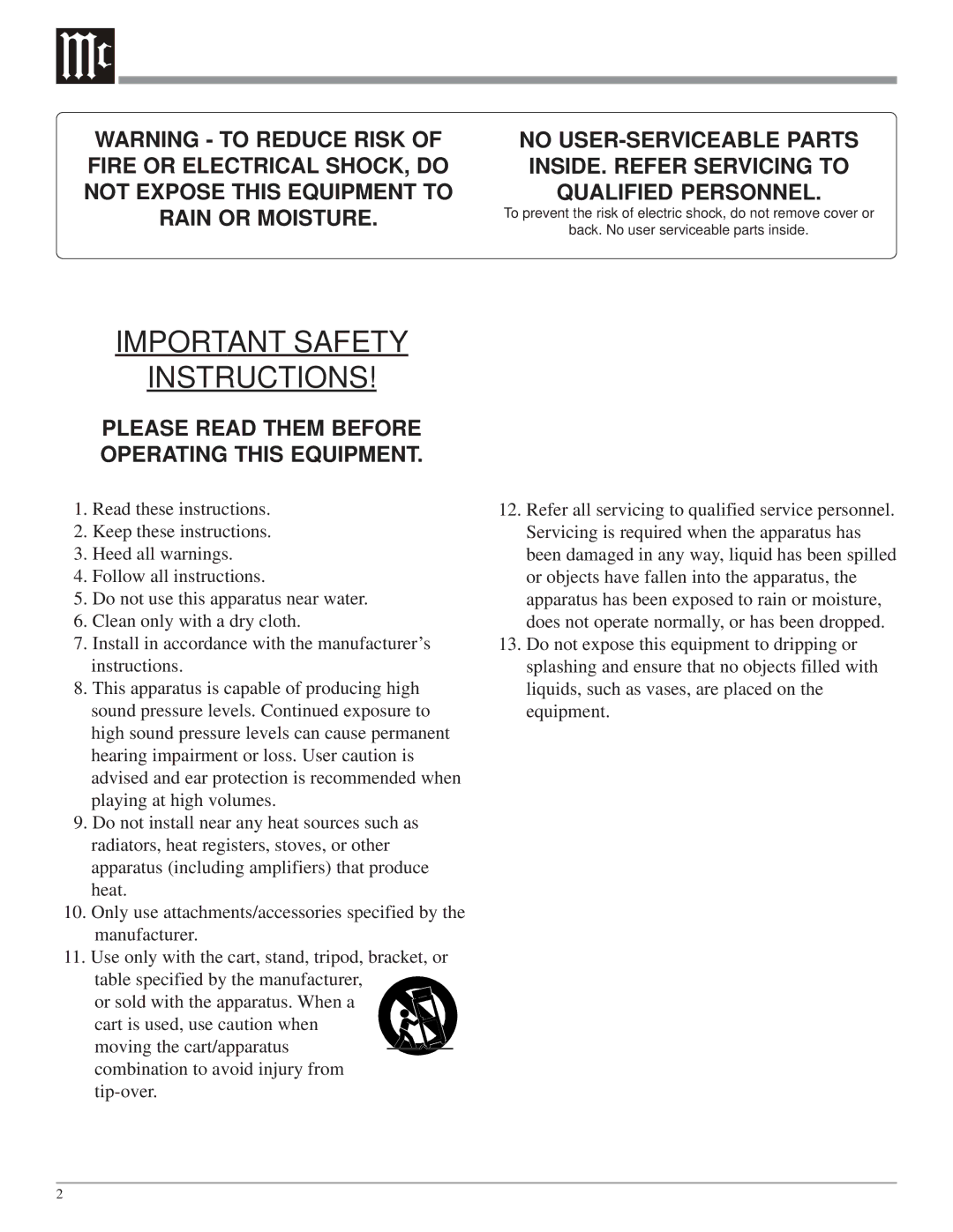 McIntosh XLS340, XLS320, XLS360, XCS350 owner manual Important Safety Instructions 