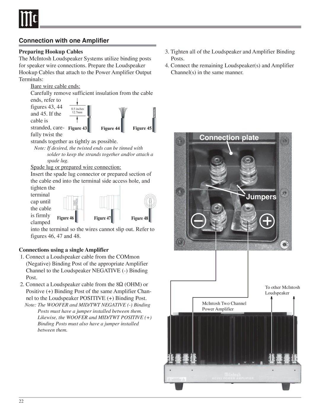 McIntosh XLS340, XLS320, XLS360, XCS350 owner manual Connection plate Jumpers, Connection with one Amplifier 